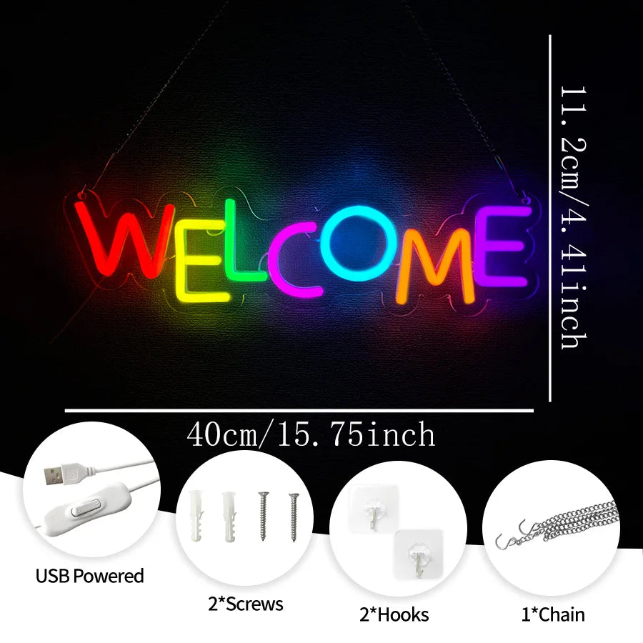Letrero de neón de bienvenida, lámpara de pared comercial alimentada por USB, muy adecuado para restaurantes, salones, bares, cafeterías, decoración de tiendas.