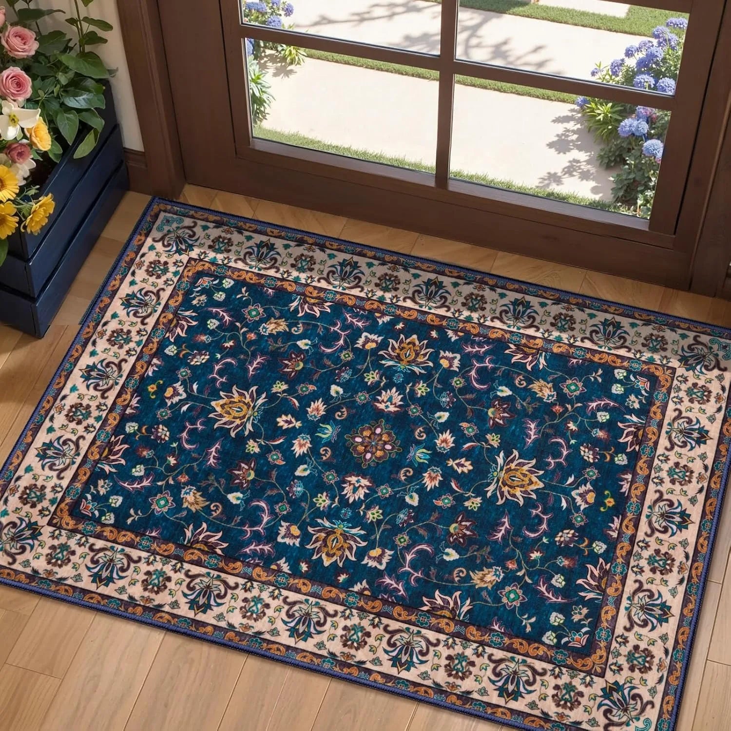Felpudo de estilo persa vintage, alfombra suave antideslizante para interior o exterior, felpudo de entrada con diseño floral y geométrico