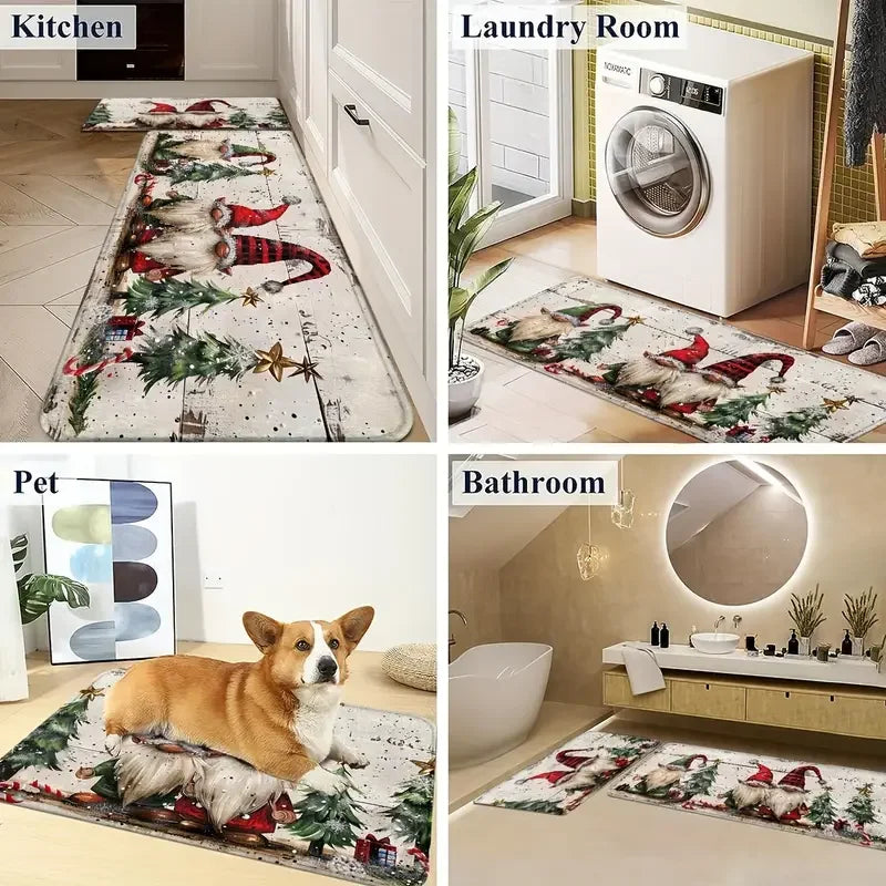 VIKAMA Lot de 2 tapis de Noël Père Noël à barbe blanche Tapis de cuisine Paillasson d'entrée Antidérapant Décoration festive pour la maison