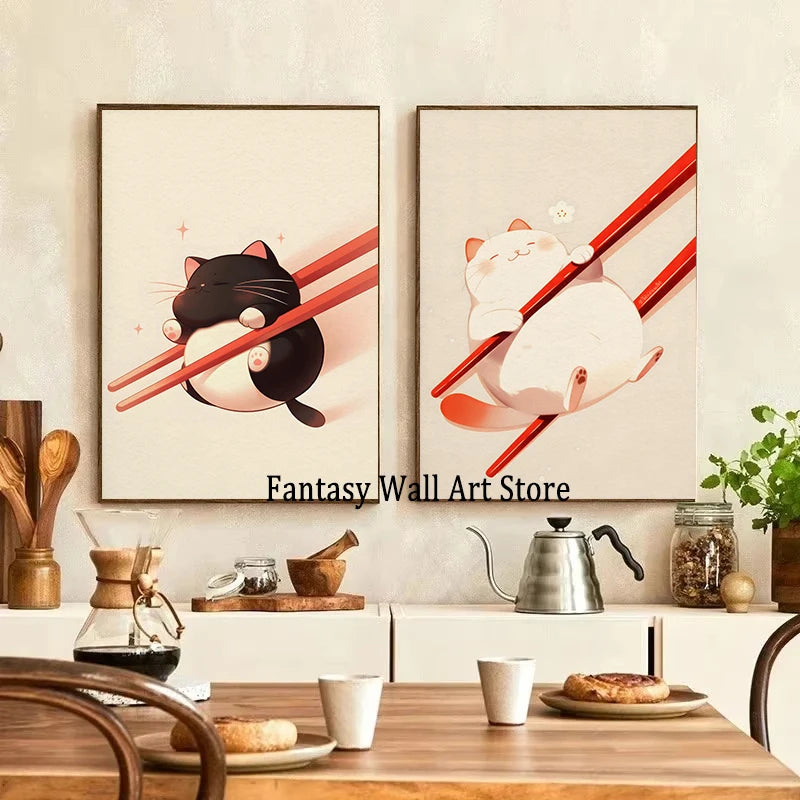 Póster Vintage Japonés Gato Comiendo Ramen Sushi Maneki Neko Arte de Pared de Cocina Gato Japonés Neko Decoración de Pared Lienzo Pintura Restaurante