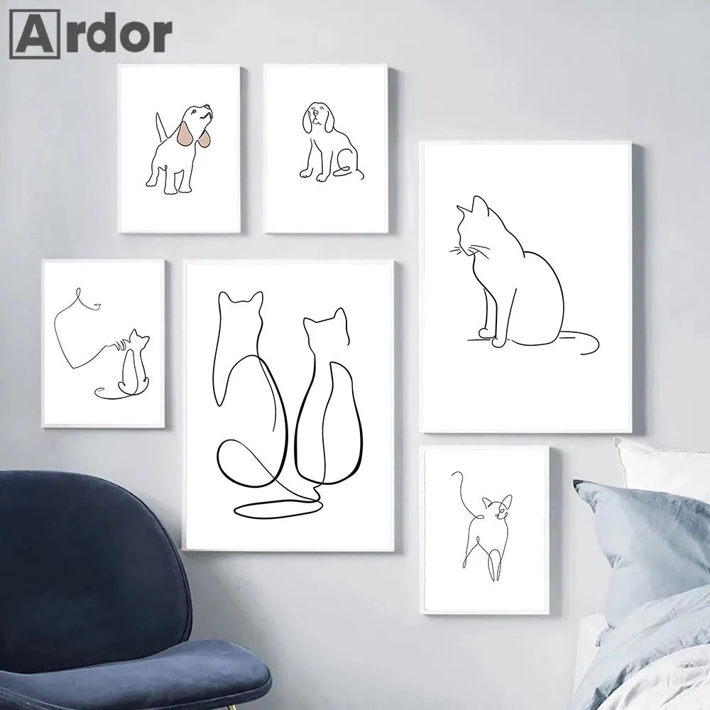 Affiche Chien Chat Abstrait Toile Peinture Dessin au Trait Affiche Murale Noir Blanc Minimaliste Impressions d'Art Nordique Image Décoration Maison