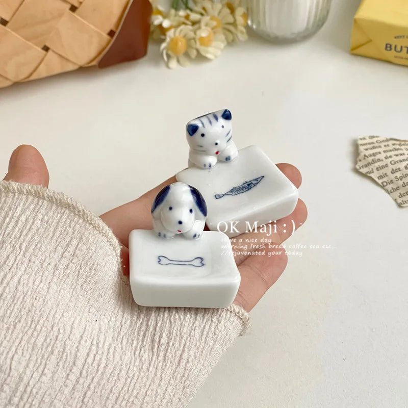 Porte-baguettes Kawaii Chat Chien en céramique, support pour couteau, cuillère, fourchette, vaisselle, porte-baguettes, décoration de table de salle à manger, fournitures de cuisine