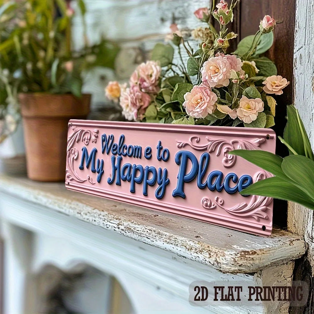 Letrero de metal rosa "Bienvenido a mi lugar feliz" vintage - Decoración rústica de vestíbulo y sala de estar de 4x16", regalo de inauguración de casa