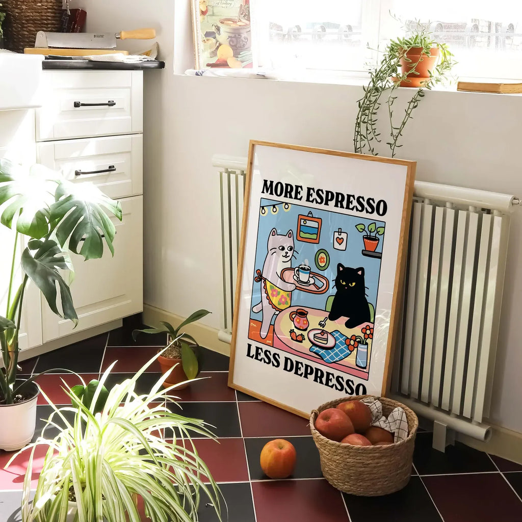 Más Expreso Menos Depresión Póster Gato Negro, Póster Gato Cafetero, Arte de Cocina, Póster Gato Cafetero Hecho a Mano, Barra de Café, Único