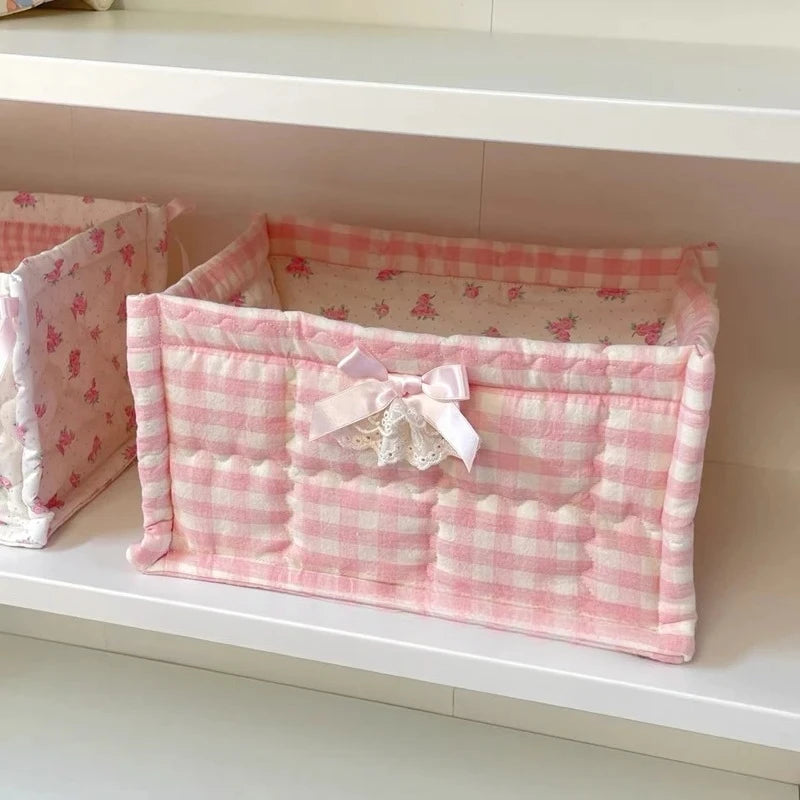 Cesta de almacenamiento cuadrada con encaje y flores, organizador de escritorio, cesta de almacenamiento acolchada coreana, bonita cesta de almacenamiento, decoración del hogar