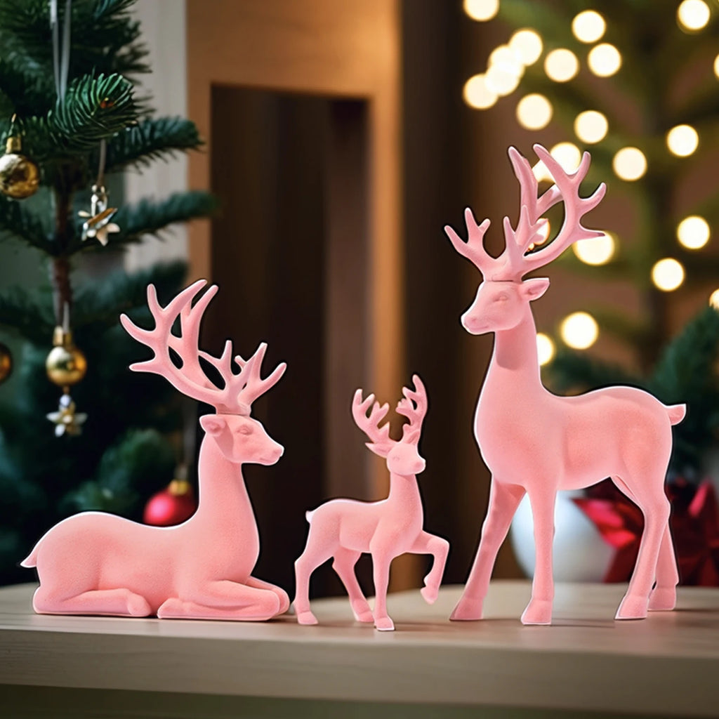 3 figuras grandes decoraciones navideñas de reno flocado rosa, estatua de decoración navideña, alce blanco de resina sintética sólida