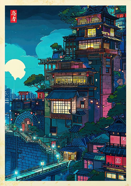 Tokio Paisaje Anime Ilustración Lámina Póster Escena Nocturna Japonesa Fuji Estilo Pintura Vintage Arte Decorativo Lienzo Arte de Pared Retro