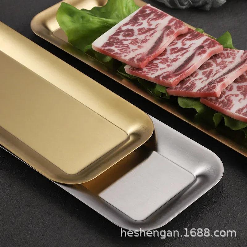 Plaque rectangulaire en acier inoxydable 304 version coréenne, plaque de bande de 40 cm, plaque à sushi dorée épaisse, plaque de barbecue, plaque plate