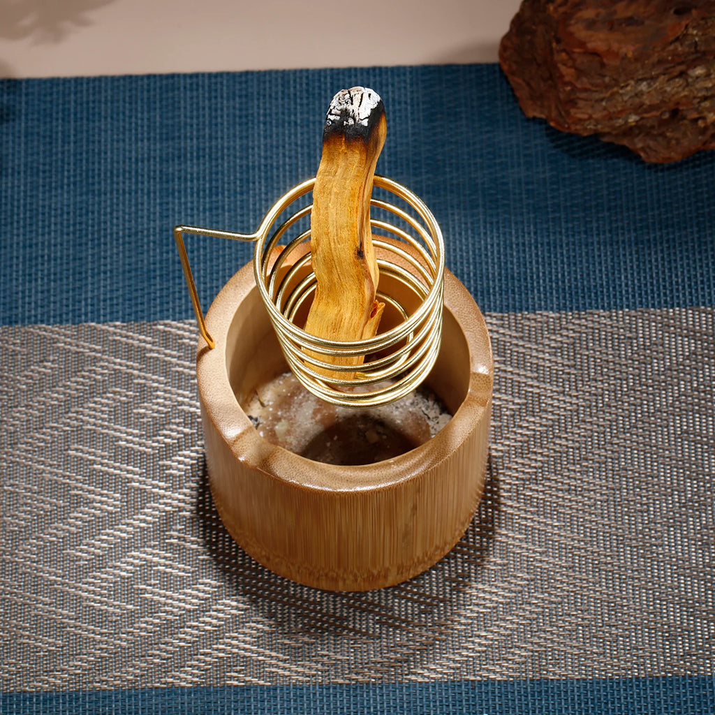 Soporte de Metal para Palo Santo, Quemador, Soporte para Salvia con Bandeja de Bambú para Recoger Cenizas, Porta Incienso para Meditación, Yoga, Spa