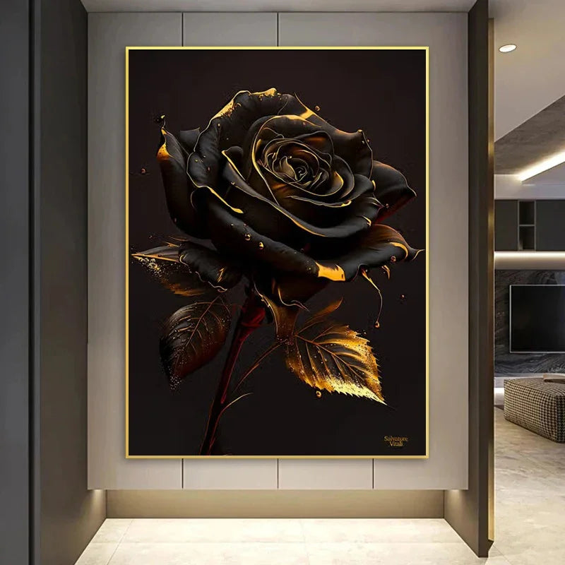 Classic, Vintage, Wall Art, Gold Black Roses Sunflowers, HD Canvas Printed Poster, Home Living Room Bedroom Decoration