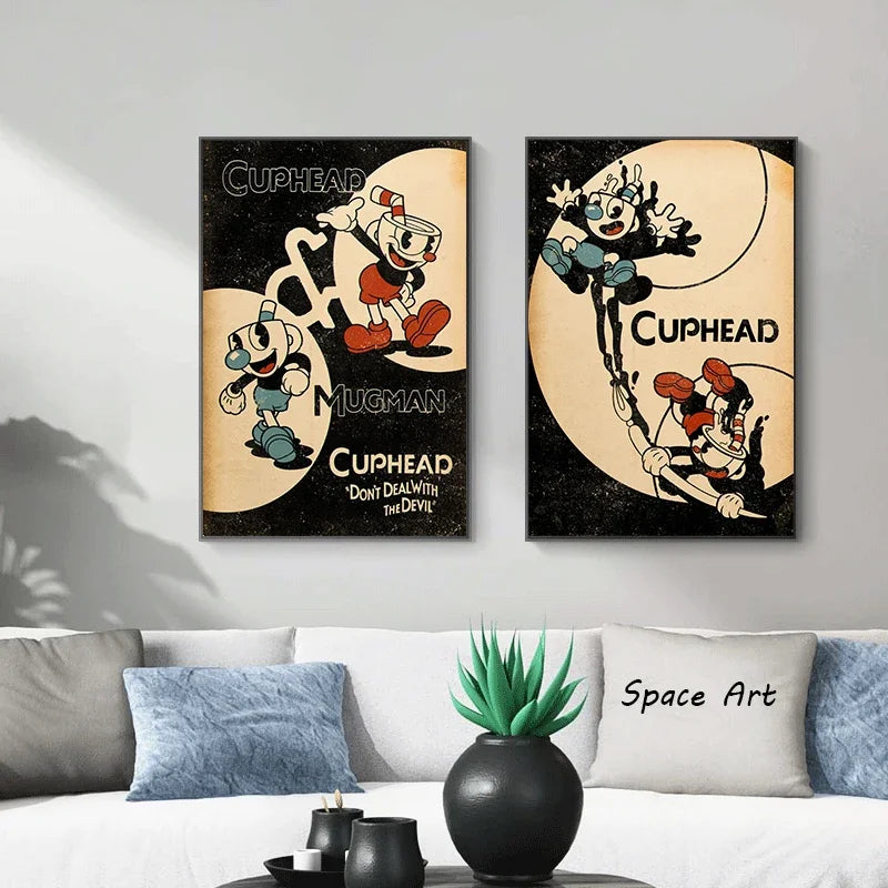 Clásico Retro Arte de Pared Juego Anime Cuphead Personajes de Caricatura Póster Impreso en Lienzo HD Decoración para el Hogar Sala de Estar Dormitorio