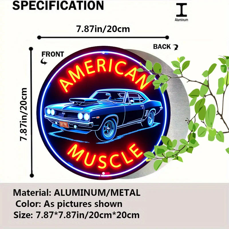 1 Letrero de Neón de Coche Clásico Americano de Inspiración Vintage, Arte de Pared Redondo de Aluminio con Bordes Elegantes, Rojo y Azul Brillante, Perfecto para Cafetería