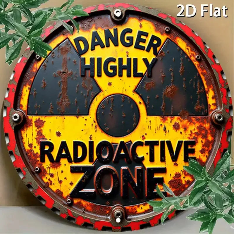 1ud. Letrero de aluminio redondo rústico de advertencia de radiación - Arte de pared de metal plano 2D de peligro nuclear, "PELIGRO ZONA ALTAMENTE Radioactiva"