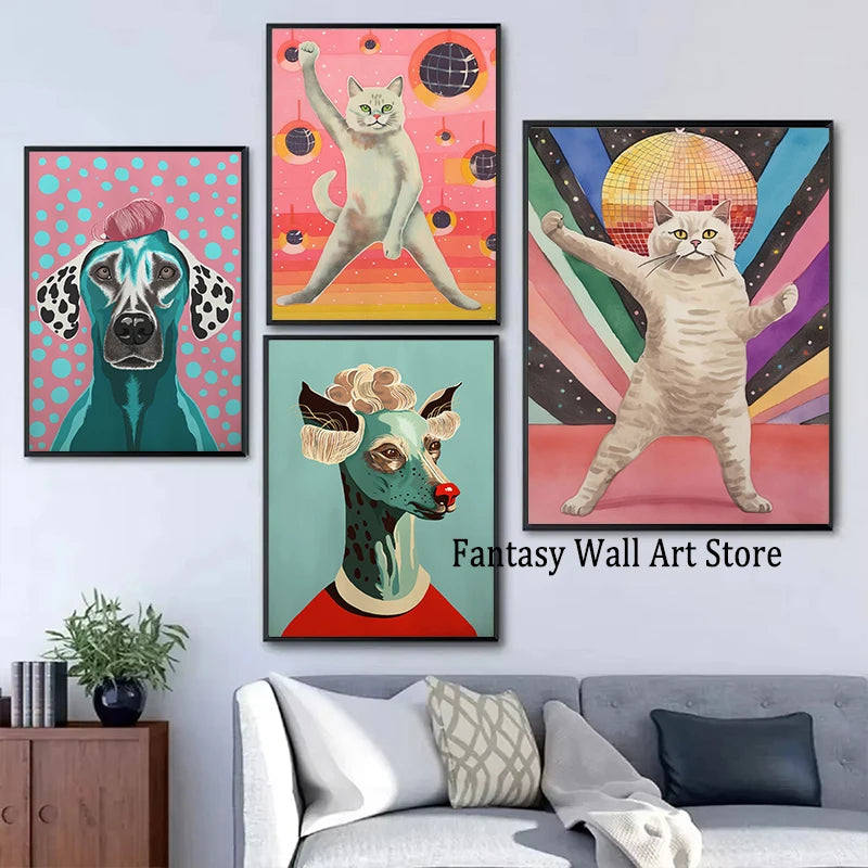 Póster divertido vintage de gatos y perros, arte de pared retro de moda, lienzo impreso, póster divertido de gatos retro, decoración de pared funky