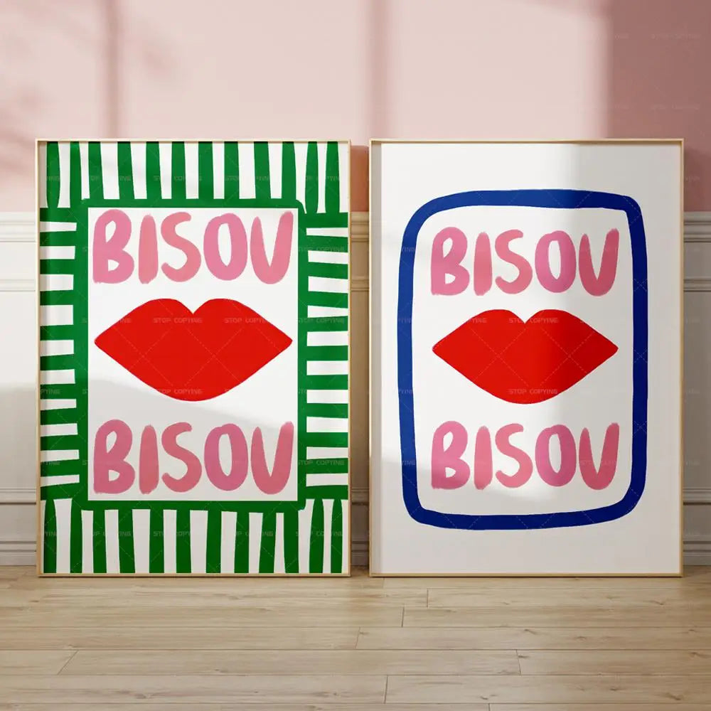 Maximalista Ecléctico Rosa Citas Francesas Bisou Bisou Bonjour Bonne Nuit Lienzo de Pared Pintura Pósters Decoración Hogar Salón