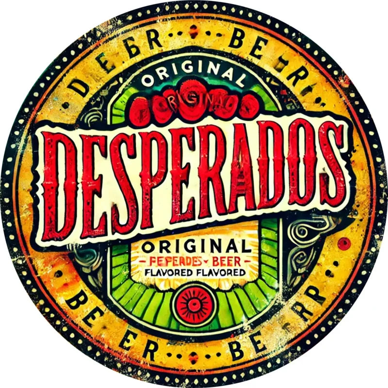 [Bar Highlight] Cartel de Metal Redondo de Cerveza Desperados Vintage - Arte de Pared de Aluminio de 8x8 Pulgadas con Colores Vivos y Diseño Floral
