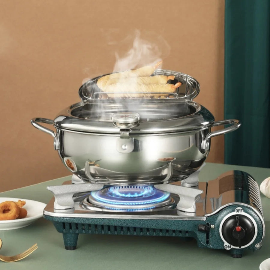 Olla japonesa para freír con termómetro y tapa, sartén freidora de tempura de acero inoxidable 304, 20 24 cm