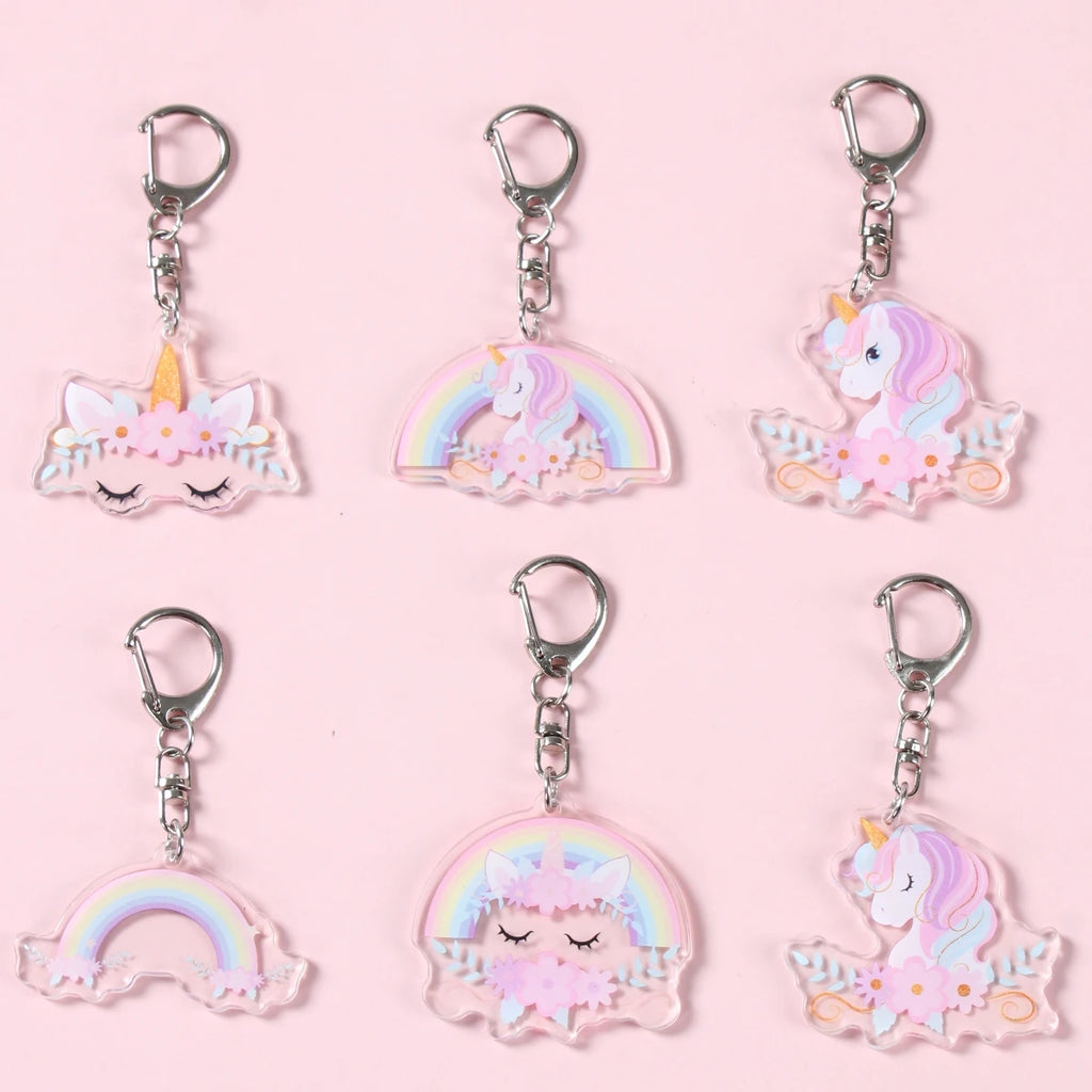 6 colgantes acrílicos de llavero de unicornio arcoíris, decoración de fiesta de cumpleaños de unicornio, regalos para niños, baby shower, recuerdos de boda