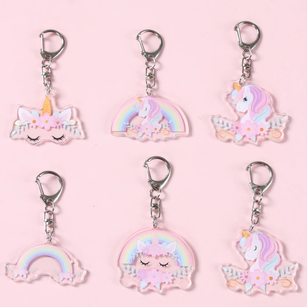 6 colgantes acrílicos de llavero de unicornio arcoíris, decoración de fiesta de cumpleaños de unicornio, regalos para niños, baby shower, recuerdos de boda