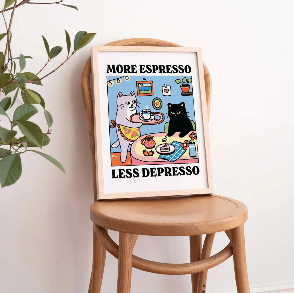 Más Expreso Menos Depresión Póster Gato Negro, Póster Gato Cafetero, Arte de Cocina, Póster Gato Cafetero Hecho a Mano, Barra de Café, Único