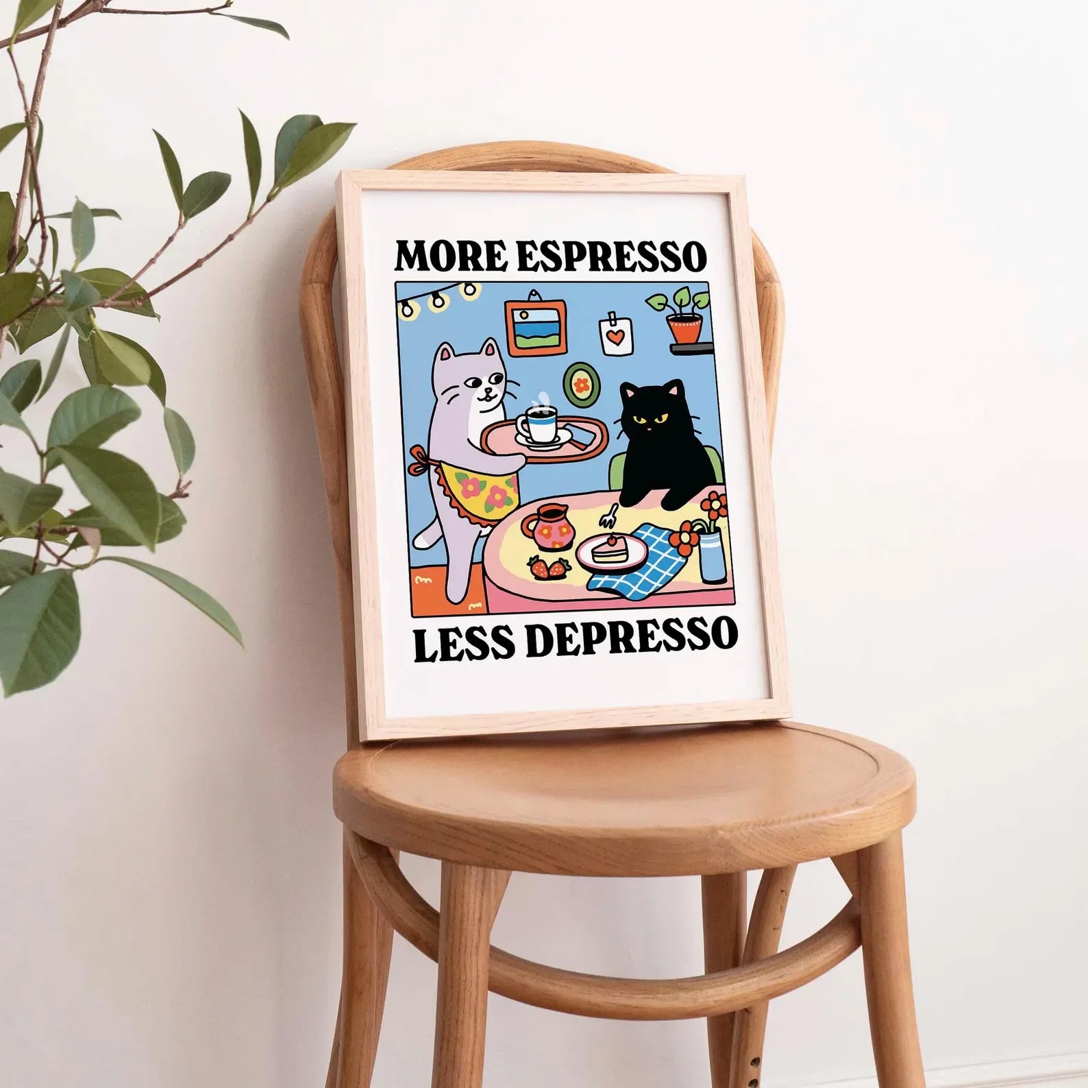 Más Expreso Menos Depresión Póster Gato Negro, Póster Gato Cafetero, Arte de Cocina, Póster Gato Cafetero Hecho a Mano, Barra de Café, Único