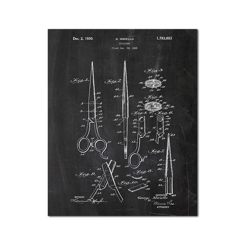 Barber Patent Blueprints Vintage Posters Canvas Prints ,Shaving Brush, Scissors Barber's Pole, Cutthroat Razor Barbershop Decor