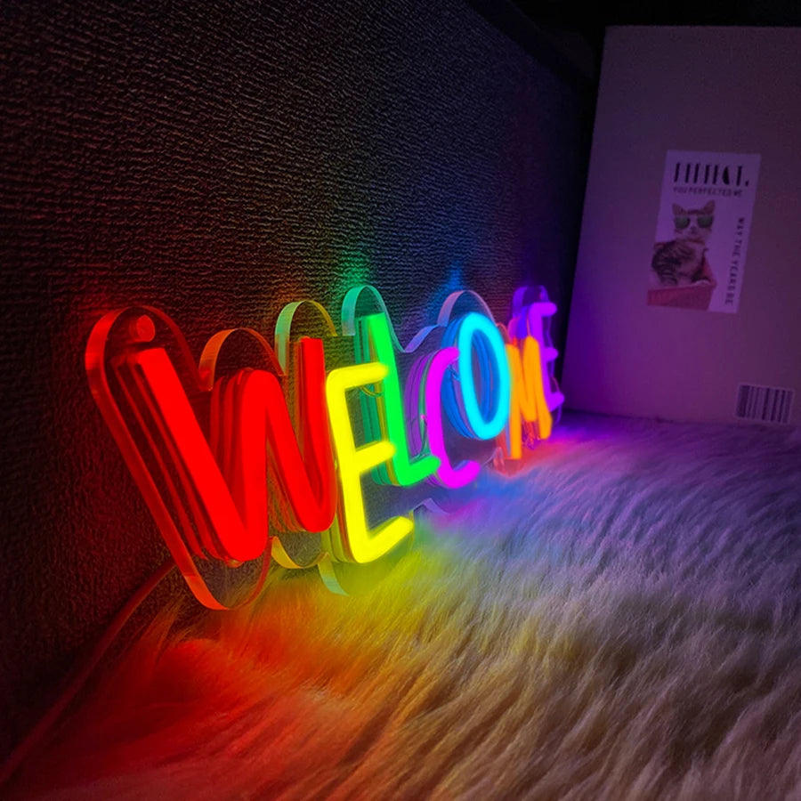 Letrero de neón de bienvenida, lámpara de pared comercial alimentada por USB, muy adecuado para restaurantes, salones, bares, cafeterías, decoración de tiendas.