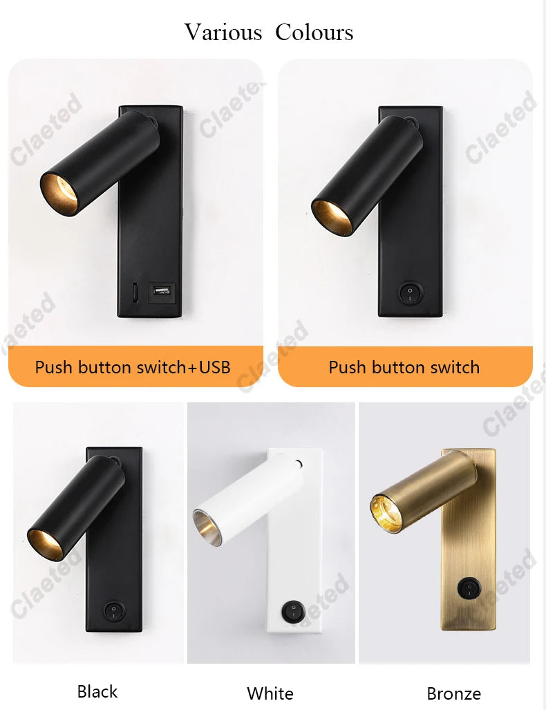 Nouvelle Applique Murale LED avec Interrupteur, en Laiton Noir, Lampe de Lecture Murale Créative avec Port USB et Spot de 3W pour Chambre à Coucher, Chevet