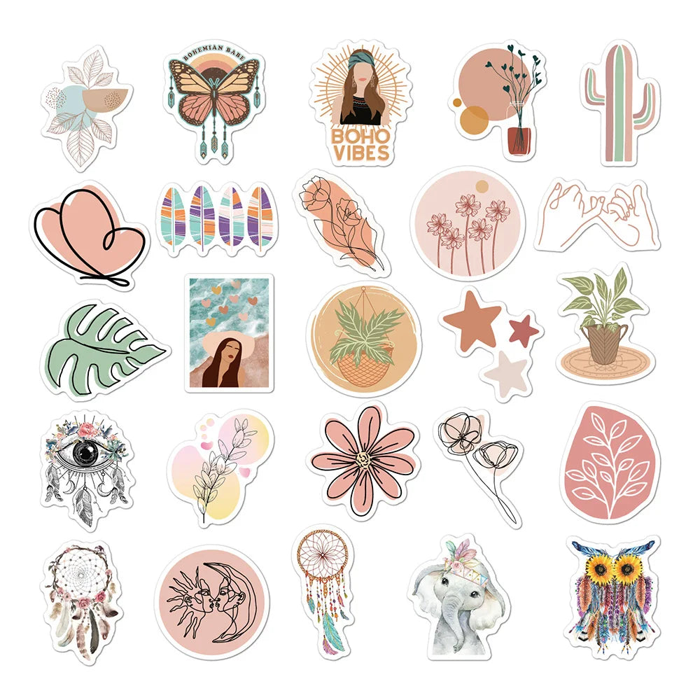 10/30/50 pegatinas bonitas de dibujos animados, estética bohemia, calcomanías de graffiti para laptop, teléfono, álbum de recortes, coche, equipaje, pegatinas impermeables