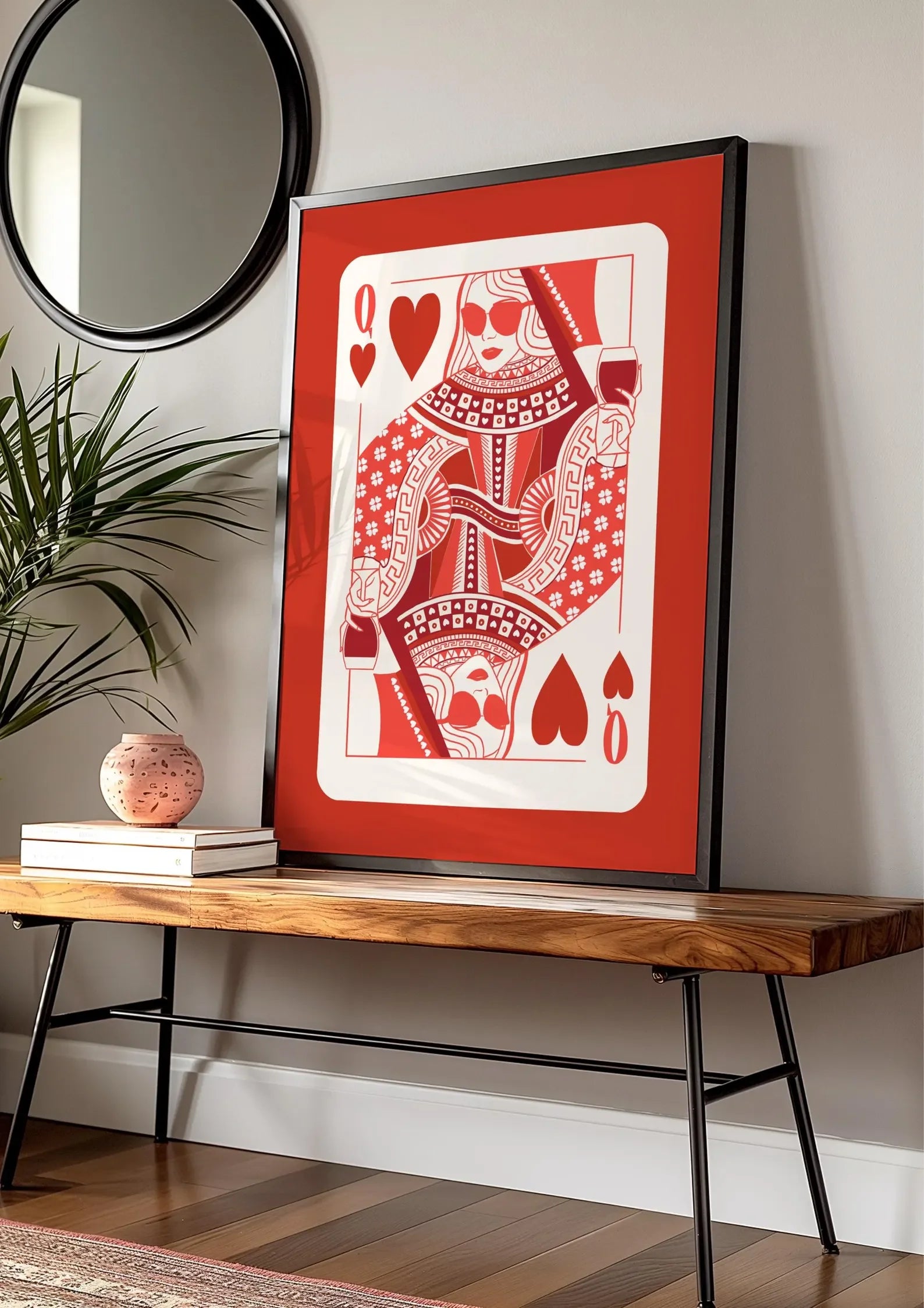 Queen of Hearts Wall Art Print | Colorful Playing Card Digital Download | Maximalist Card Decor | Dopamine Queen Illustration |