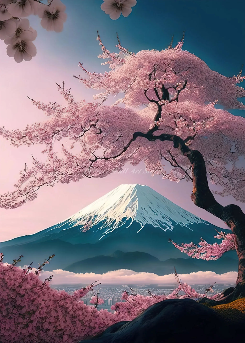 Affiche Scène de Tokyo Coucher de Soleil Mont Fuji Fleur de Cerisier Japonais Toile Imprimée HD Peinture Murale Photos Décoration Maison