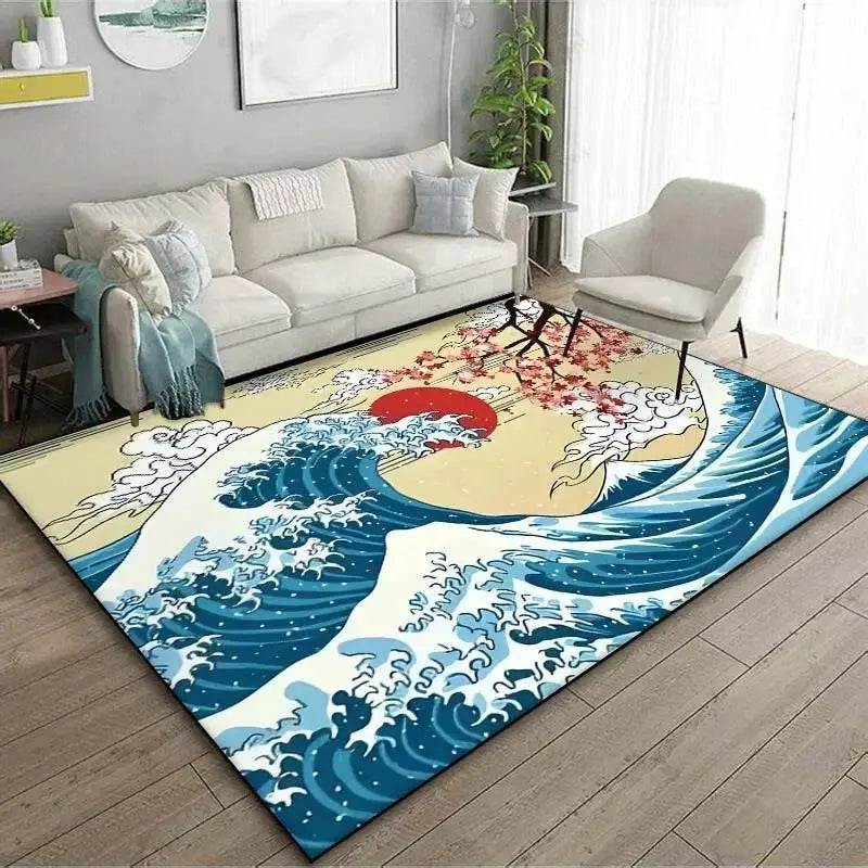 VIKAMA Alfombra de estilo japonés Ukiyo-e para vestíbulo, alfombrilla para balcón, cocina, sala de estar, dormitorio con motivo de la Gran Ola de Kanagawa