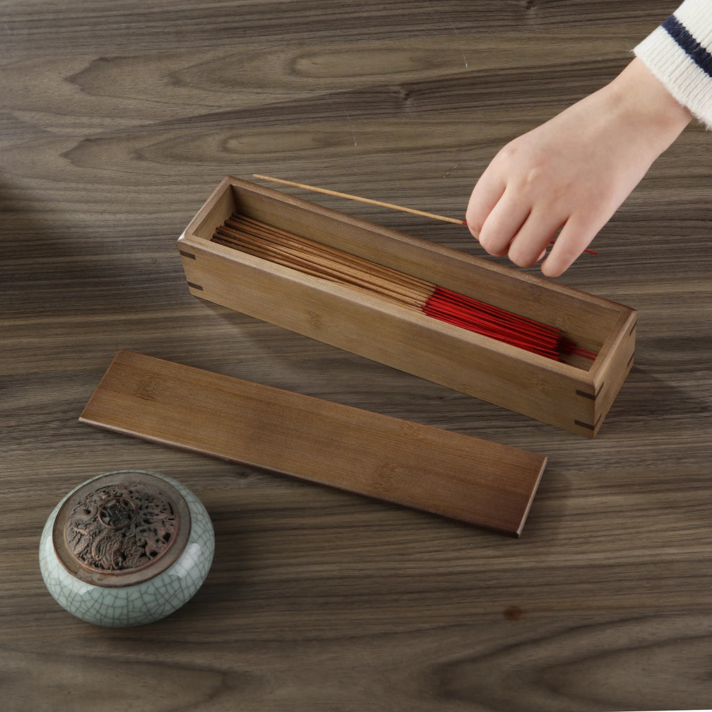 Caja de almacenamiento de incienso de bambú, hecha a mano, soporte para incienso con tapa, organizador para varillas de incienso, ideal para meditación y yoga