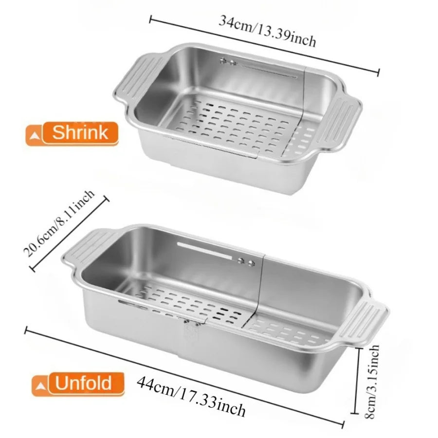 Cesta de filtro de fregadero telescópica de acero inoxidable, longitud ajustable, utilizada para lavar frutas, escurrir espaguetis y vajilla