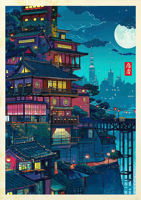 Tokio Paisaje Anime Ilustración Lámina Póster Escena Nocturna Japonesa Fuji Estilo Pintura Vintage Arte Decorativo Lienzo Arte de Pared Retro