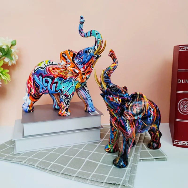 Decoración del hogar Pintura nórdica Escultura de elefante de grafiti Figurita de elefante de arte Estatua de elefante creativa Artesanía de resina Adornos decorativos