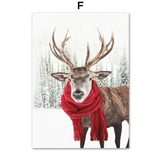 Pintura en lienzo de arte de pared con diseño de paisaje nevado de invierno, póster de Papá Noel de pino y alce e impresión para la decoración navideña del hogar y diseño de sala de estar