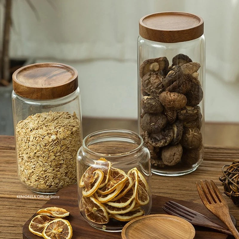 Botes de Cristal Herméticos con Tapa de Madera para Almacenamiento en Cocina, Frascos Contenedores de Alimentos, Granos, Té, Café en Grano, Cereales, Dulces