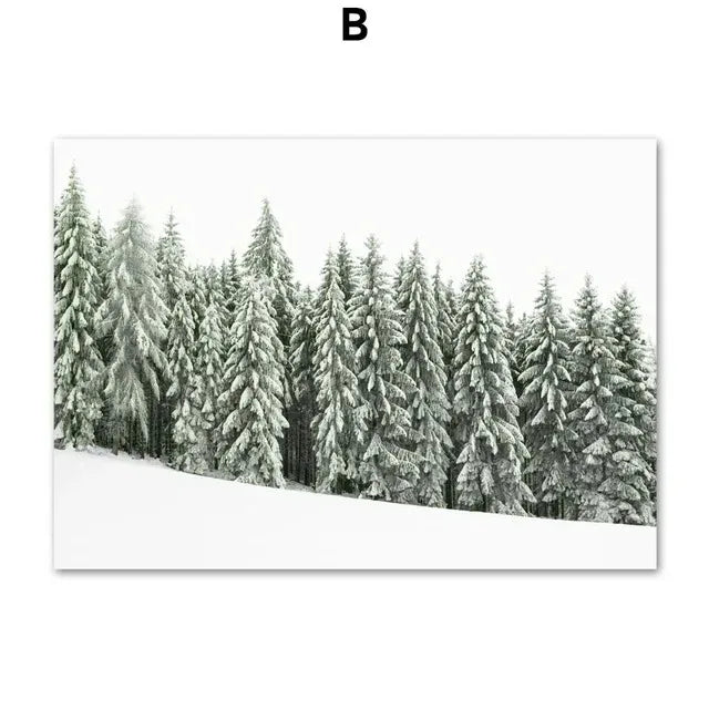 Pintura en lienzo de arte de pared con diseño de paisaje nevado de invierno, póster de Papá Noel de pino y alce e impresión para la decoración navideña del hogar y diseño de sala de estar