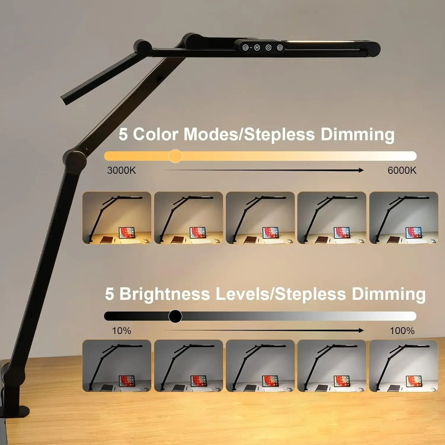 Lampe de Bureau LED avec Pince Lampe d'Architecte pour Bureau à Domicile 24W Ultra Lumineuse Gradation Automatique Éclairage PC Lampe de Table à Intensité Variable en Continu