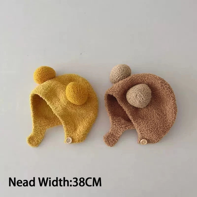 Mignons Bonnets d'Hiver Chauds pour Bébés Filles Garçons, en Polaire avec Bordure en Laine et Boule, Bonnets Solides en Laine avec Protection des Oreilles, Doux, pour Nouveau-Nés