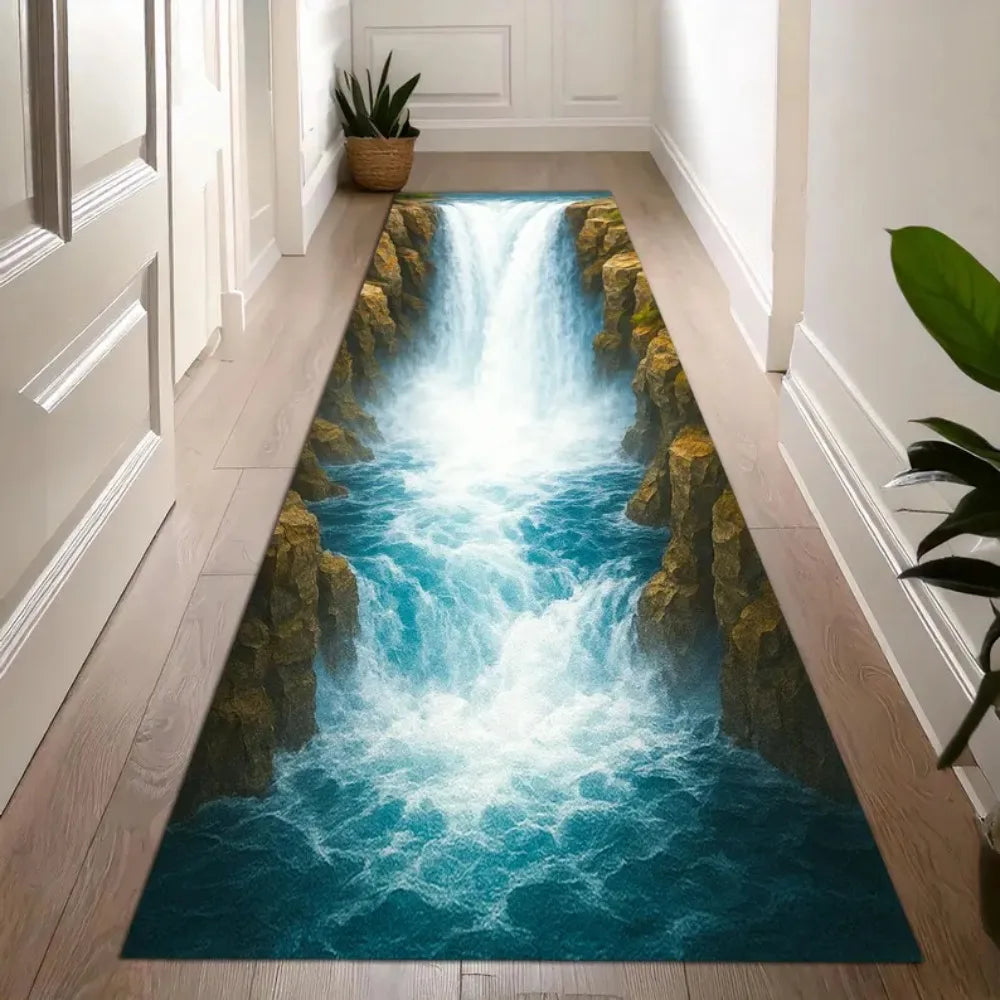 Alfombra 3D Cascada Cañón, Estampado Realista de la Naturaleza, Tapete Antideslizante para Sala, Dormitorio, Pasillo, Decoración del Hogar