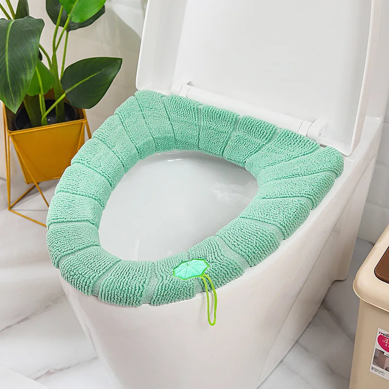 Funda de asiento de inodoro cálida de invierno, alfombrilla de inodoro para baño con asa, cojín grueso suave lavable, accesorios para calentador de inodoro
