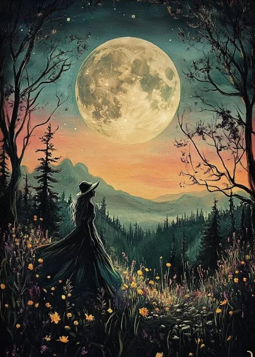 Estampa artística de bruja, bruja con luna llena, decoración de pared, pintura de brujas en la oscuridad, decoración de pared, póster de lienzo, decoración romántica oscura