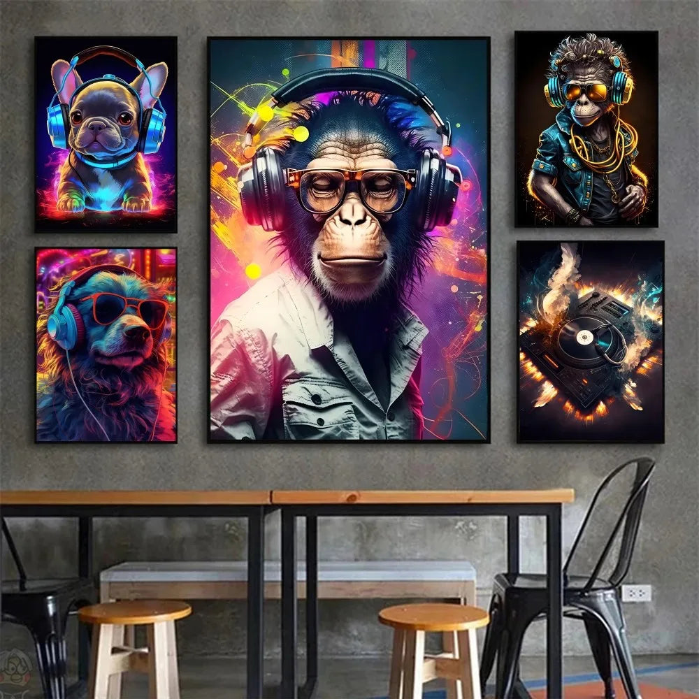 Animal Mono Gato Perro Auriculares Dj Música Póster Lienzo P Póster HD Pósters Hogar Habitación Bar Cafetería Decoración Arte Pintura Mural Imagen