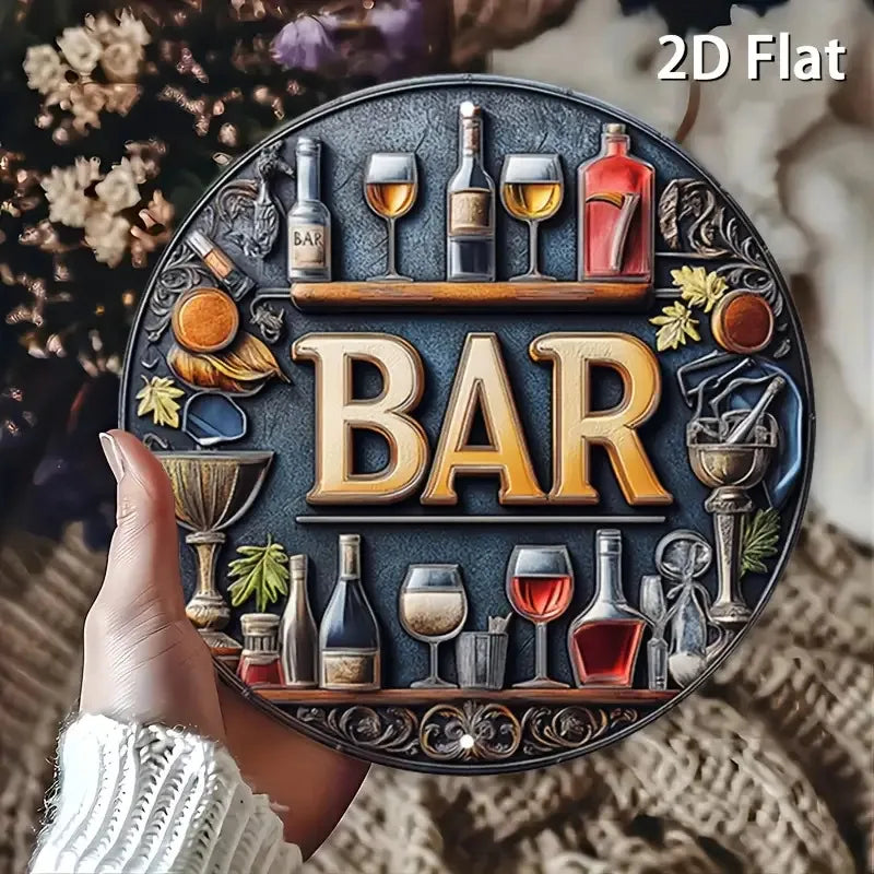 Enseigne murale ronde en métal vintage 2D, 1 pièce - Design élégant de vin et verres, art mural rond en aluminium rétro pour bars, cafés, maisons de plage