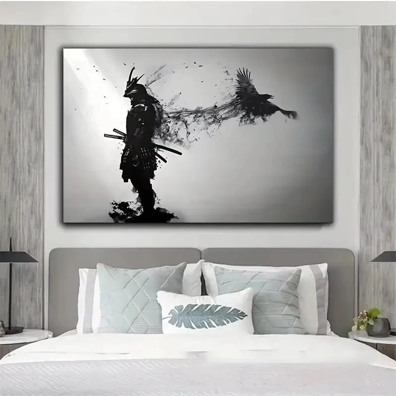 Affiches et impressions murales d'homme samouraï noir japonais en noir et blanc avec corbeaux, tableau sur toile pour salon, décorations Cuadros