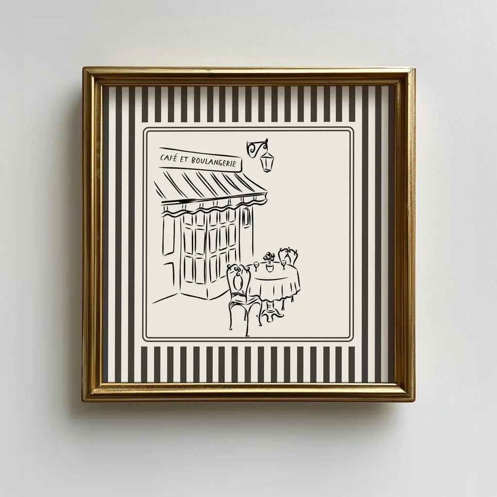 Black and White Striped French Cafe Print, Minimalist Illustration, Digital Downloads, Art Print, Gift Idea, Aesthetic