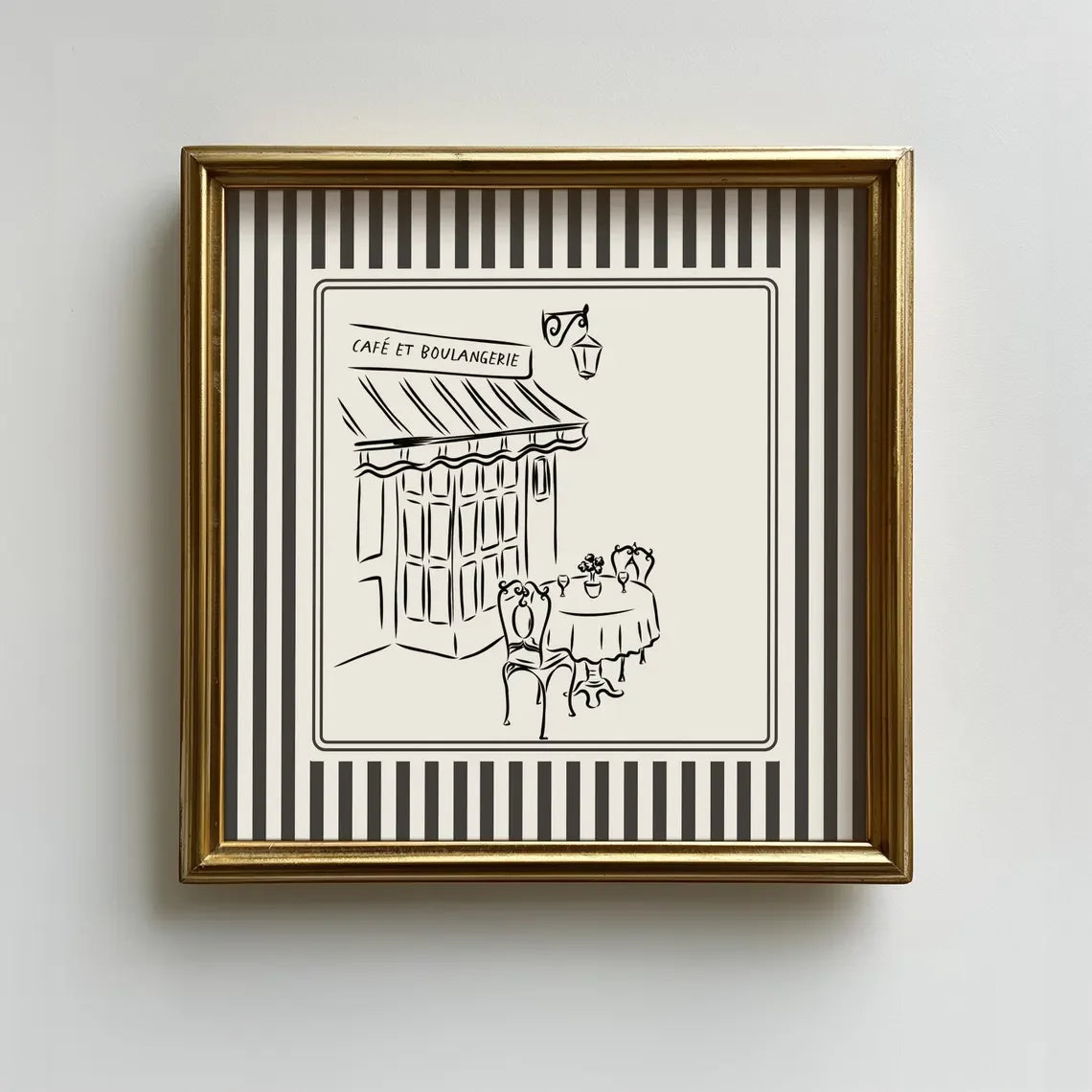 Black and White Striped French Cafe Print, Minimalist Illustration, Digital Downloads, Art Print, Gift Idea, Aesthetic