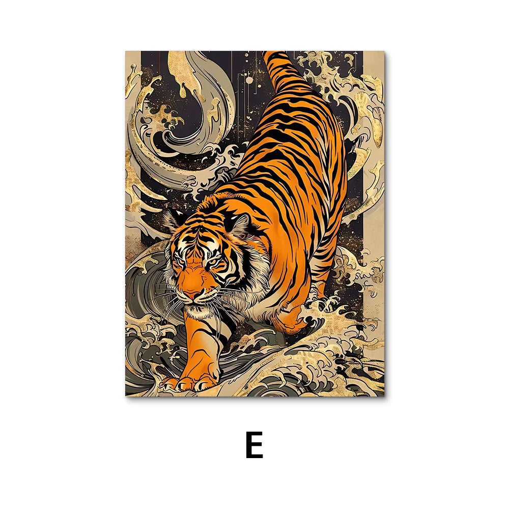 Lienzo vintage Ukiyo-e de tigre – Póster japonés de pared para sala de estar, dormitorio, decoración nórdica del hogar